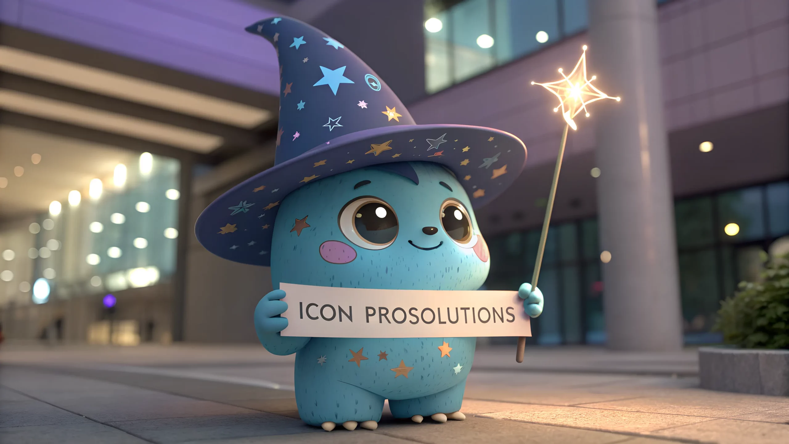 Bloop mascot wearing a wizard hat, holding a sign that says "ICON PRO SOLUTIONS," representing a top web development company in Quetta.