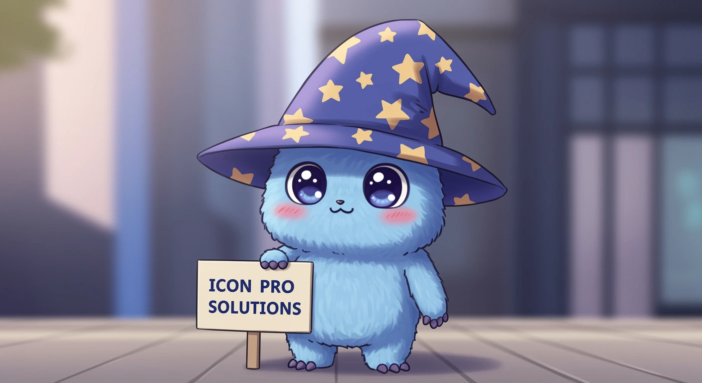A blue, fluffy creature in a wizard's hat holds a sign with the words 'icon pro solutions' in a modern, corporate setting