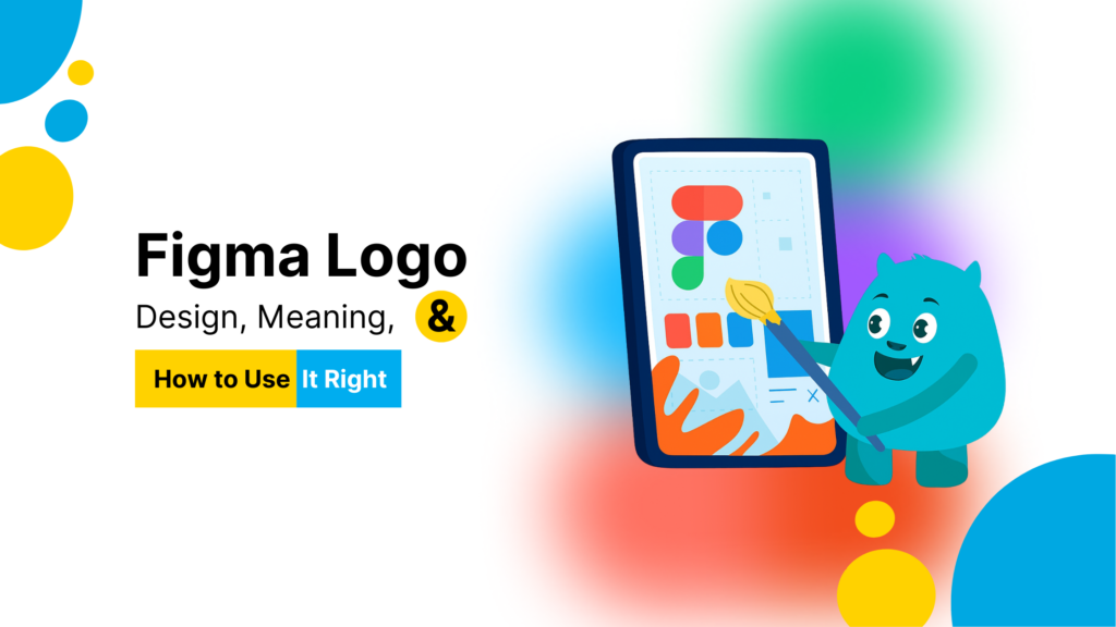 A cartoon monster holding a tablet with a website design on the screen, surrounded by colorful shapes and a white background