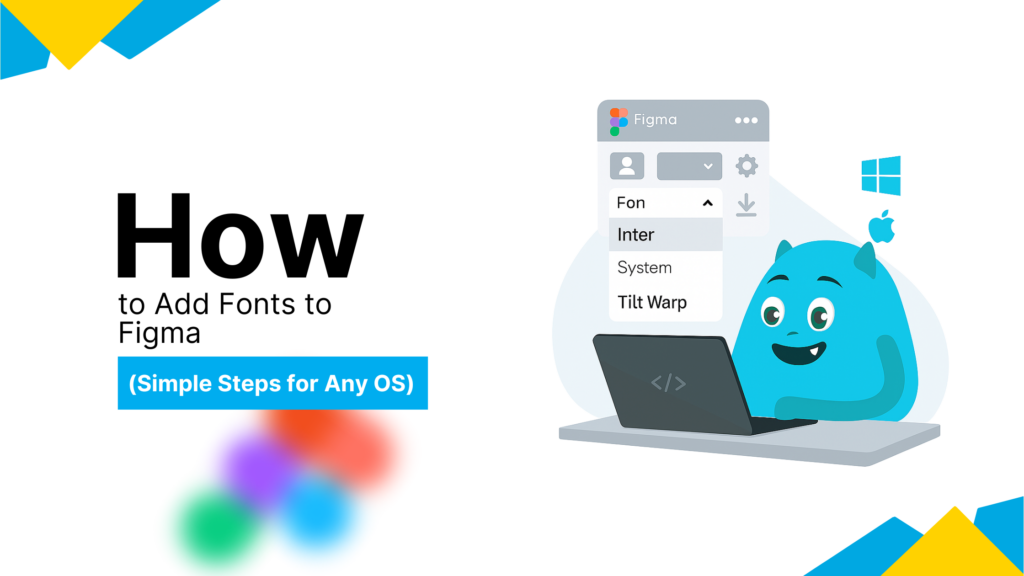 A website design image with a blue monster on a laptop, with a browser window showing a Figma design interface, with a list