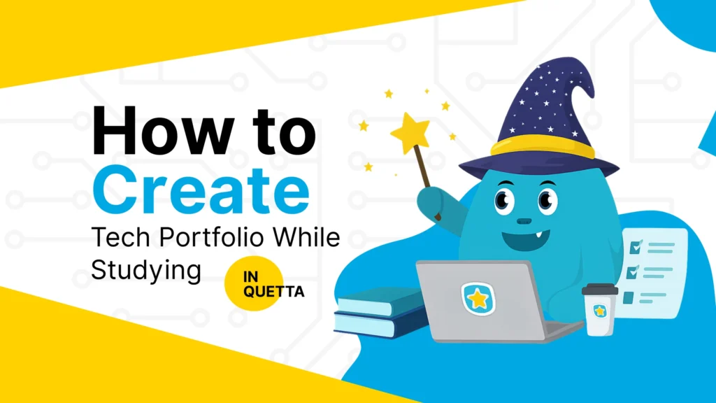 A cartoon blue monster wearing a wizard hat, holding a magic wand, and sitting in front of a laptop with a website design on