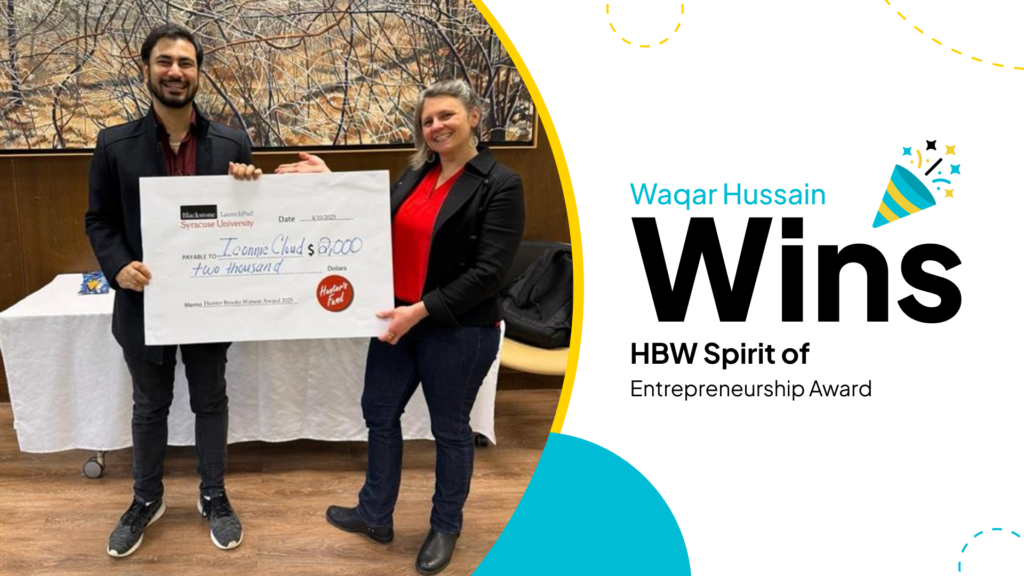 A man and a woman holding a large check, with a website design and corporate business background