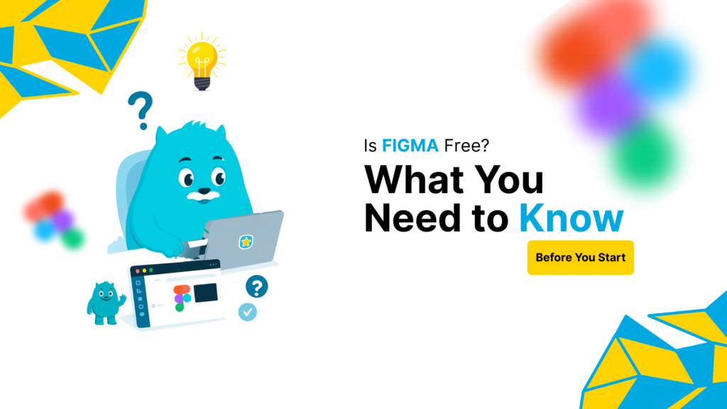 A cartoon blue monster sits at a desk with a laptop, surrounded by various design elements, including a lightbulb, a