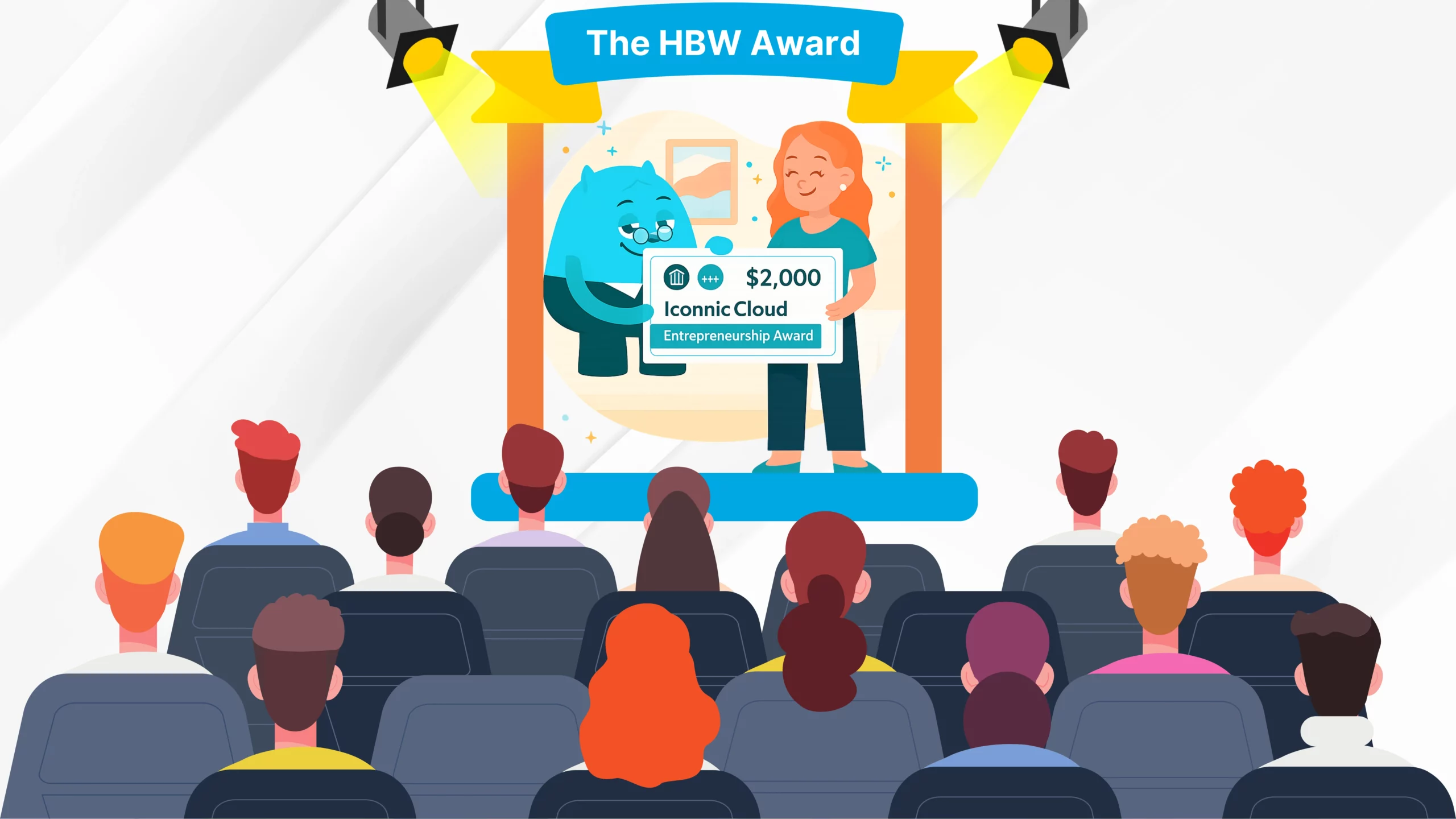website design A cartoon-style illustration of a woman holding a large check on a stage, with a blue cat mascot and a crowd