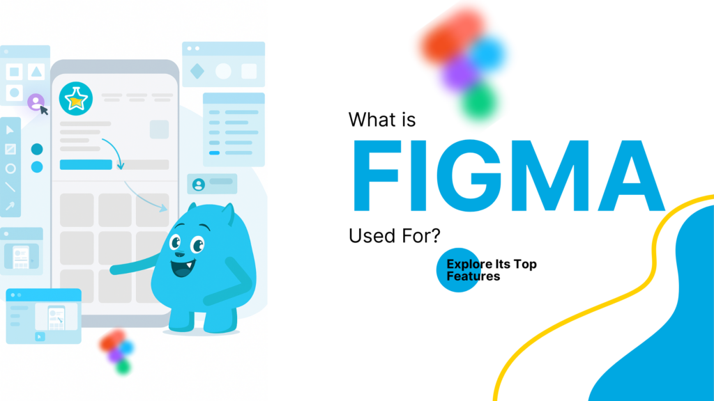 A website design image with a blue monster and a phone screen, exploring Figma's features for corporate and business website