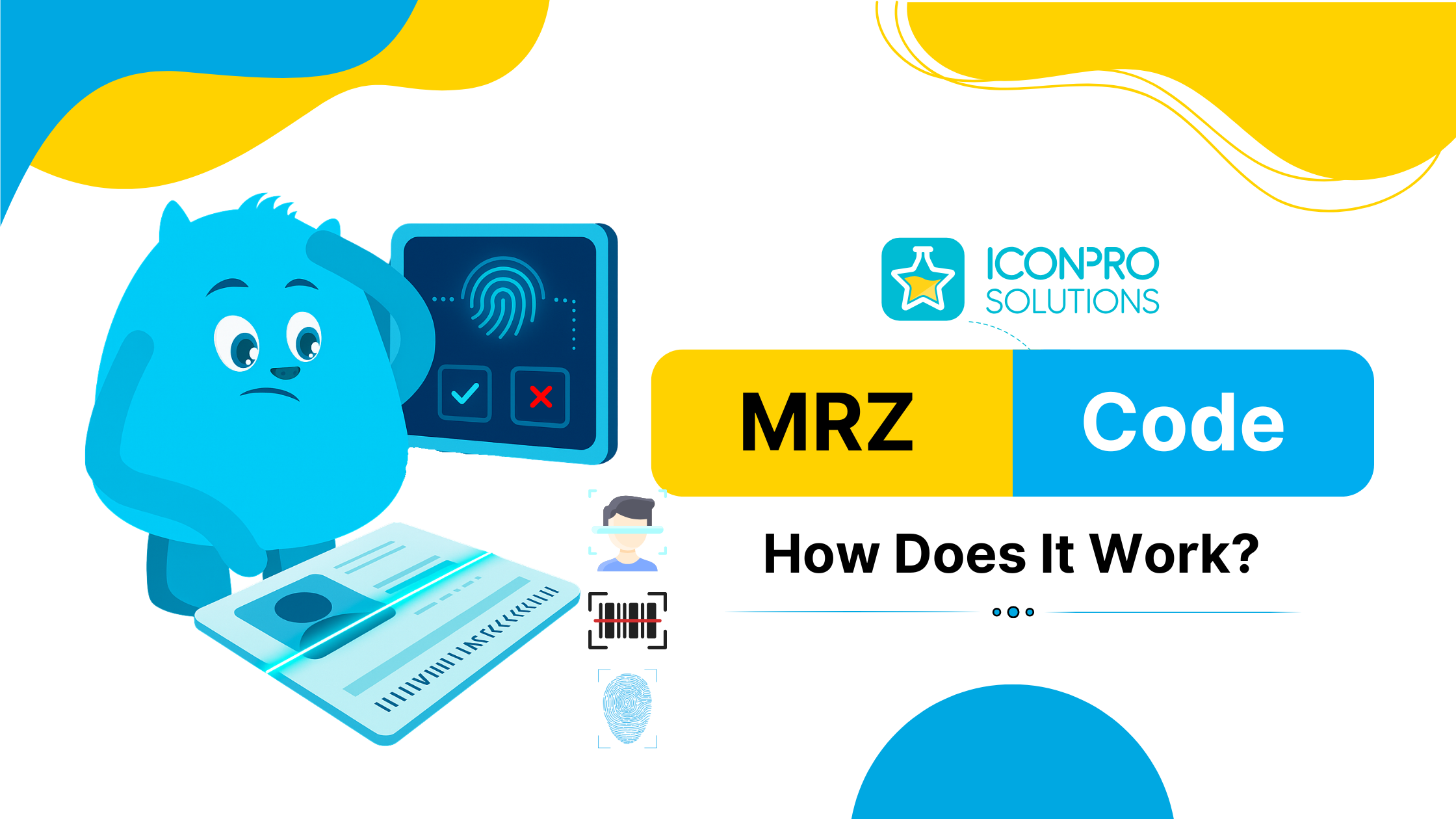 website design A cartoon blue cat with a frowning face, holding a tablet with a fingerprint scanner on the screen, and a