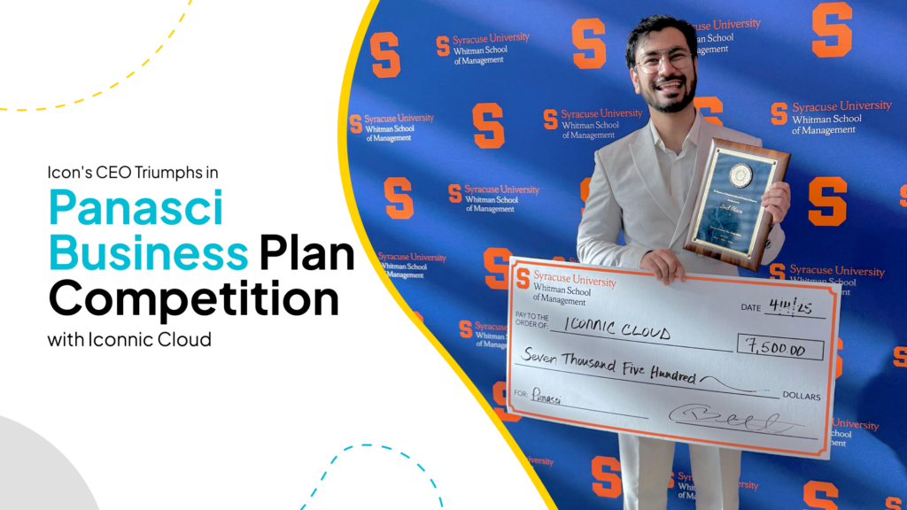 A man in a white suit holds a check and an award in front of a blue background with the Syracuse University logo.