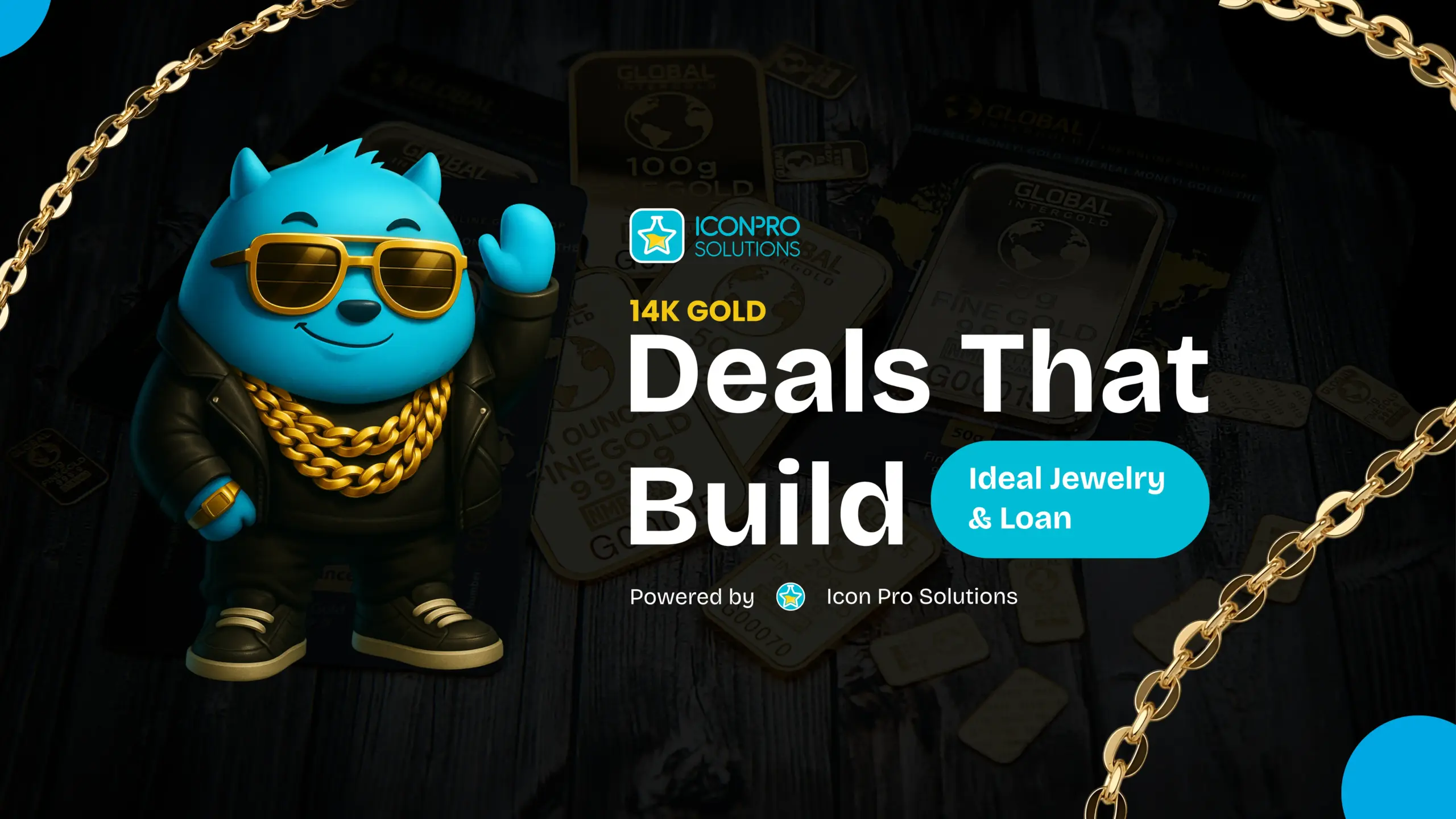 A cartoon blue cat wearing gold chains and sunglasses, with a logo and text about website design