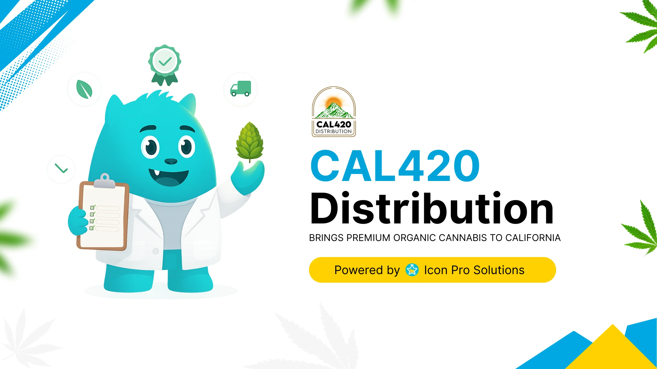 website design A cartoon cat in a lab coat holding a clipboard and a cannabis leaf