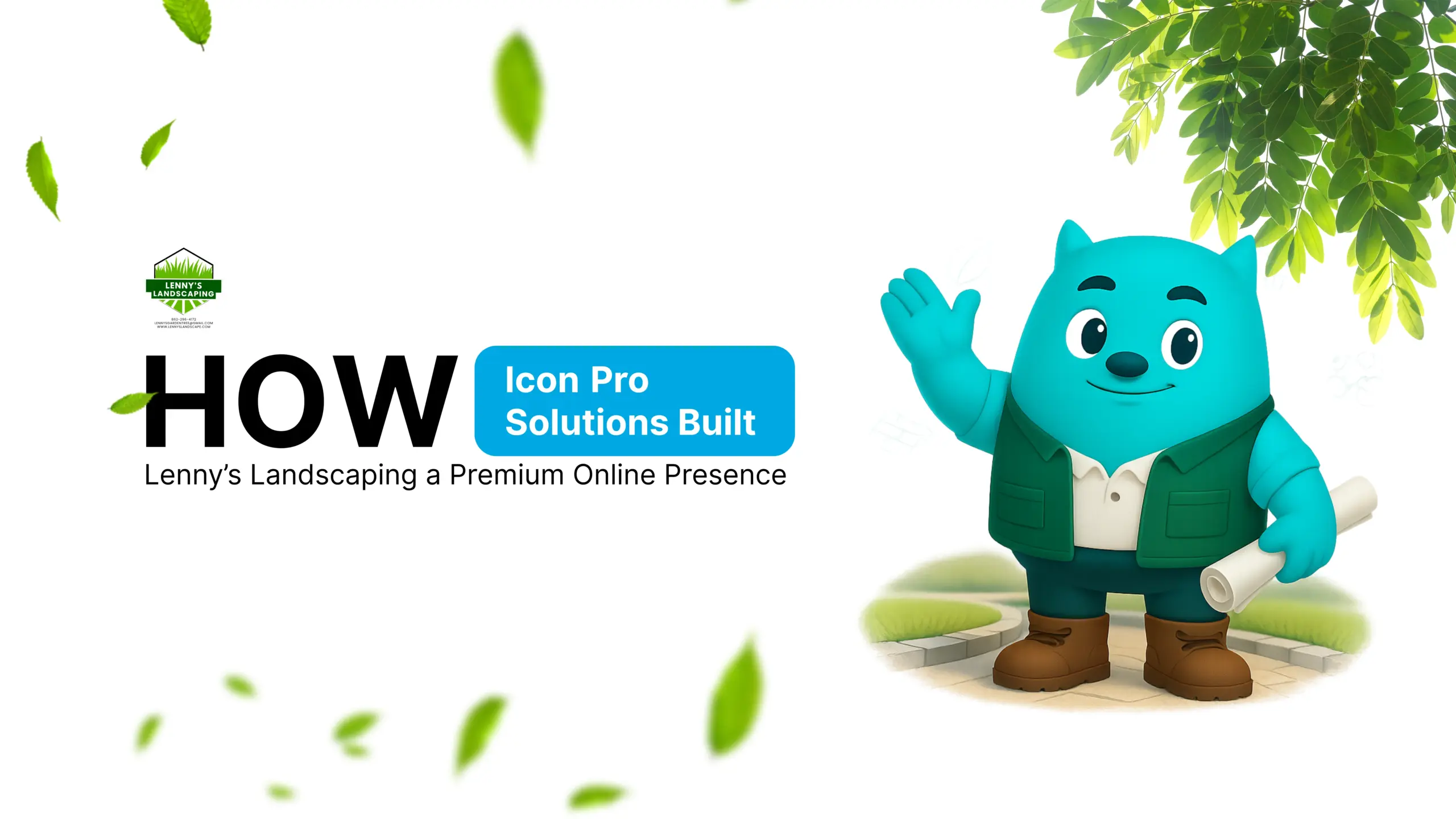 A website design image with a cartoon cat in a green vest and a white shirt, holding a roll of paper, with a green