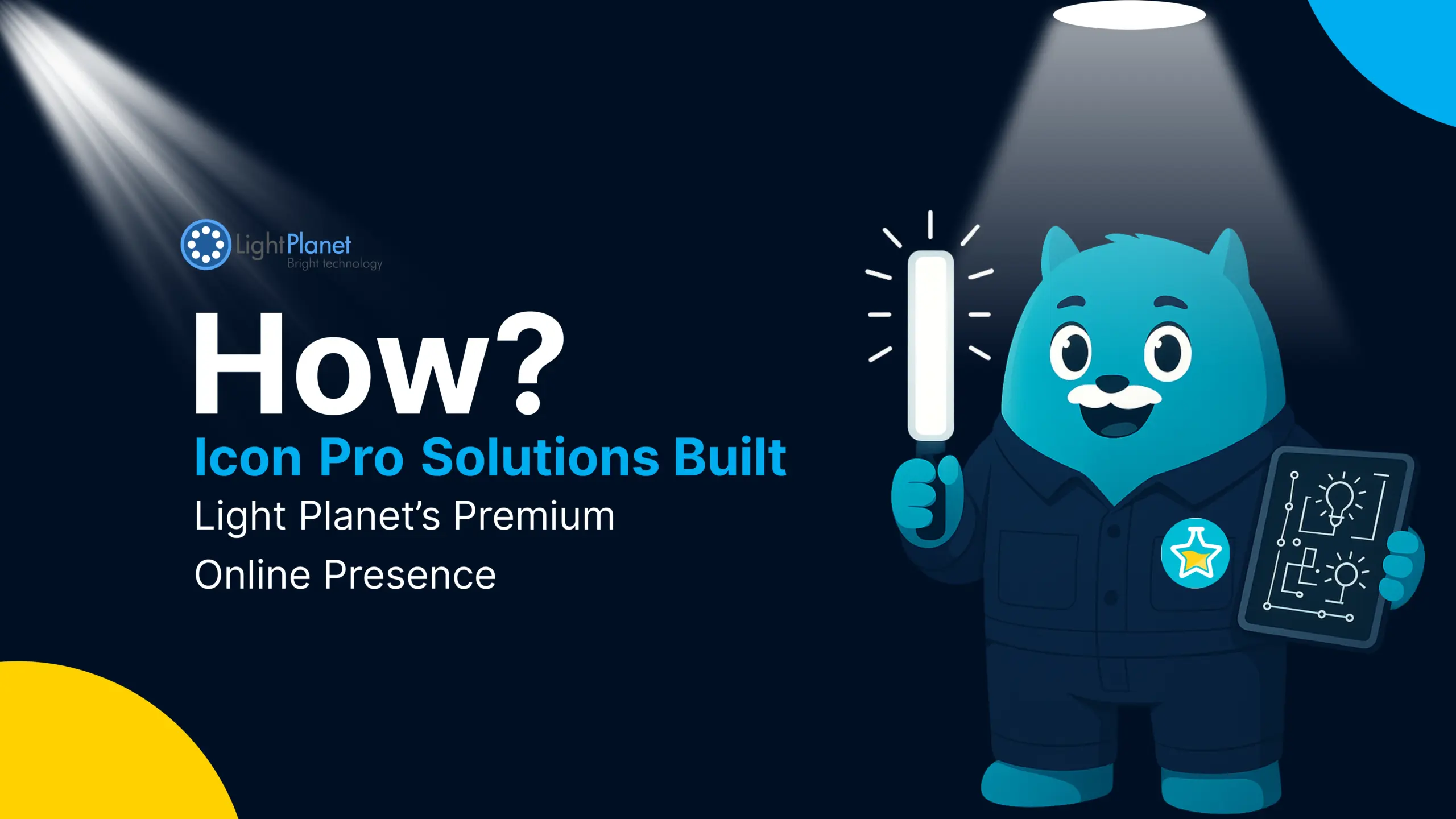 website design A cartoon cat holding a tablet with a lightbulb on it, surrounded by a spotlight and a dark background