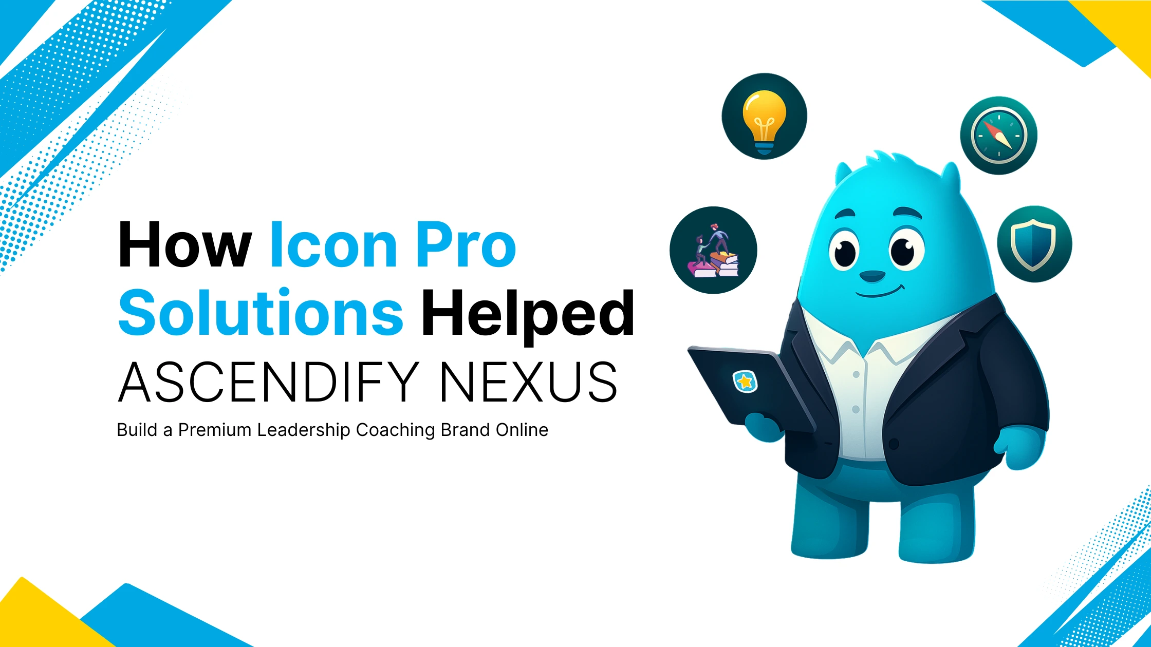 A website design image with a blue monster in a suit, holding a tablet, surrounded by icons and text about website design