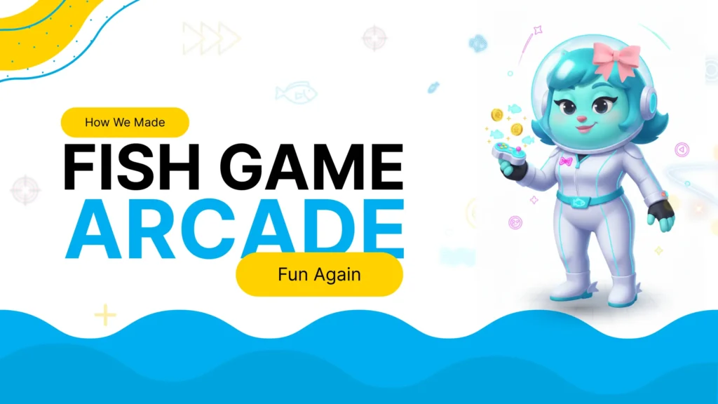 website design A cartoon girl in a white spacesuit, holding a fish-shaped device, with a background of fish and other sea