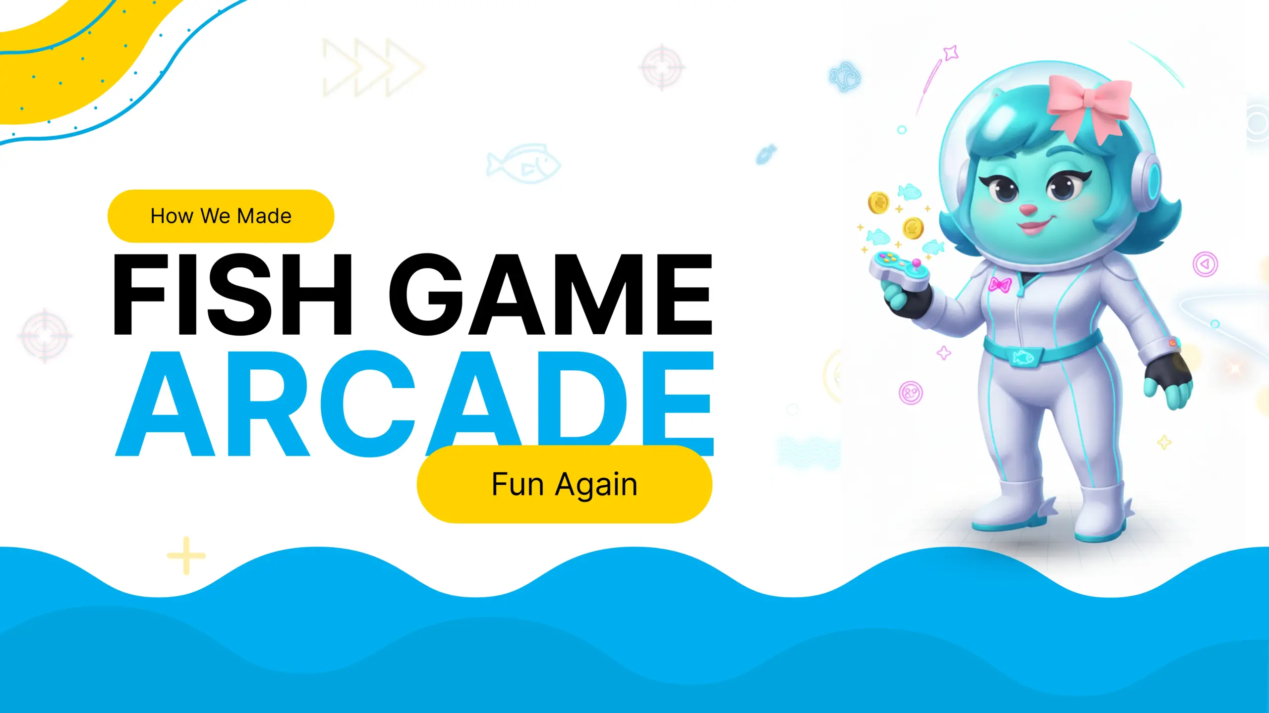 website design A cartoon girl in a white spacesuit, holding a fish-shaped device, with a background of fish and other sea