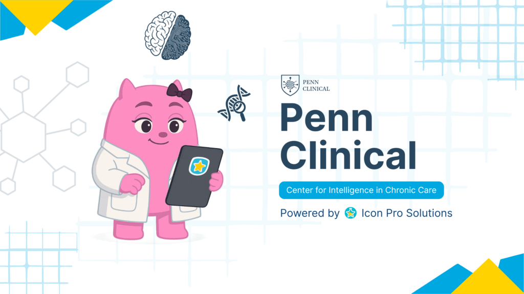 Penn Clinical Pink cartoon doctor character analyzing gut-brain health data on tablet