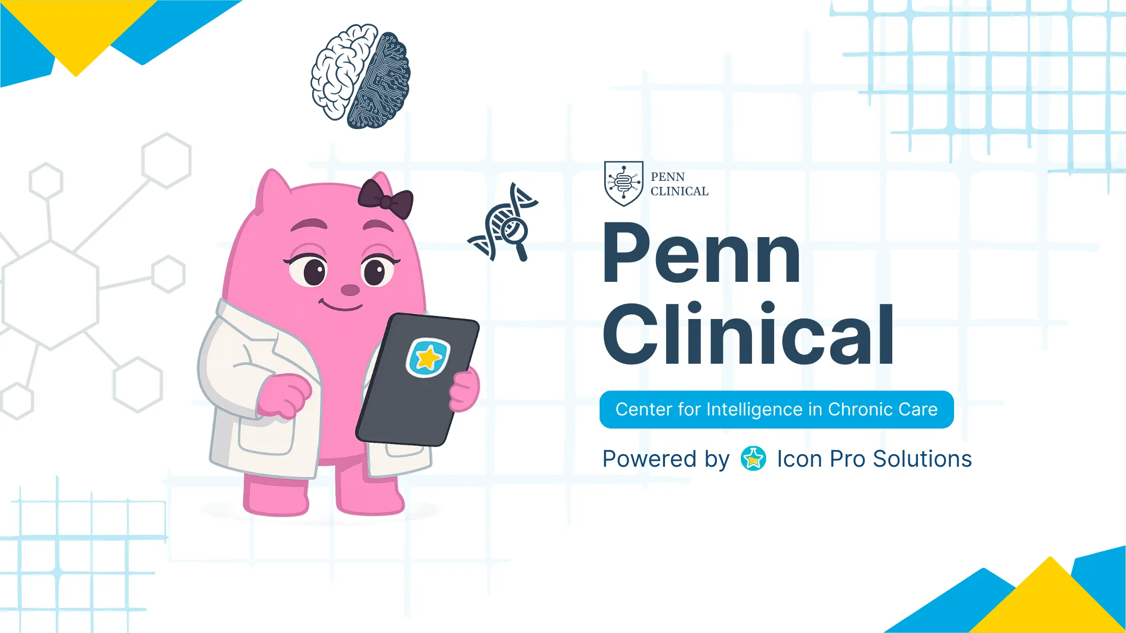 Penn Clinical Pink cartoon doctor character analyzing gut-brain health data on tablet