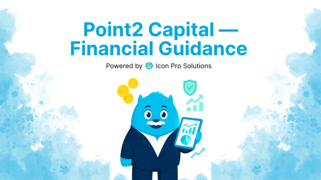 A cartoon blue cat in a business suit holds a tablet with a graph on it, surrounded by icons of growth, security, and money.