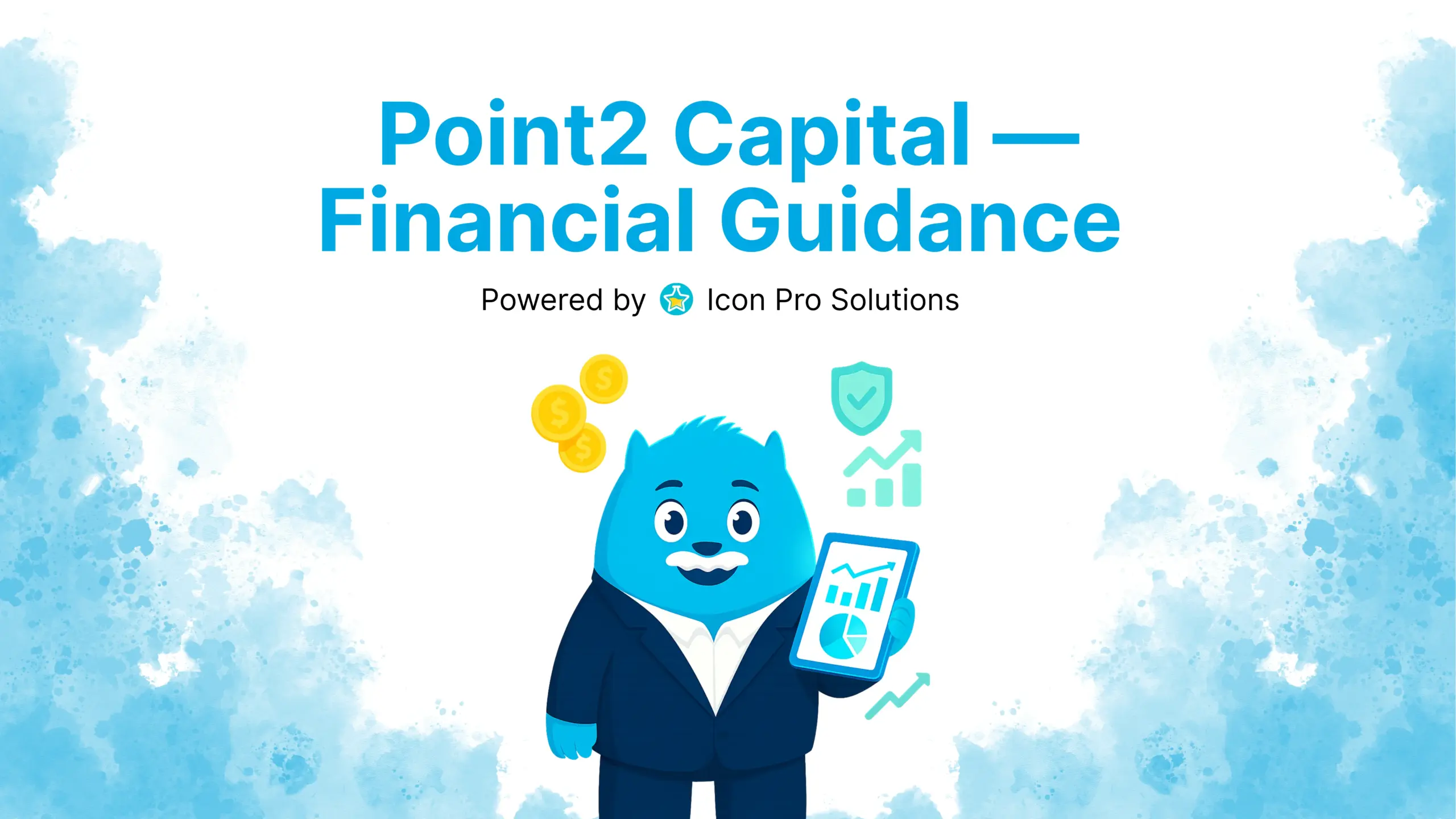A cartoon blue cat in a business suit holds a tablet with a graph on it, surrounded by icons of growth, security, and money.
