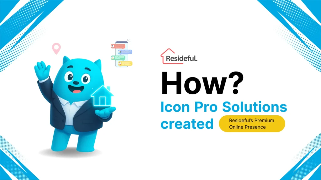 A cartoon blue cat in a suit holding a house icon, with a logo and text about website design