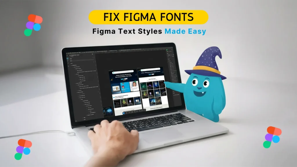 Blue mascot with wizard hat pointing at Figma design on laptop