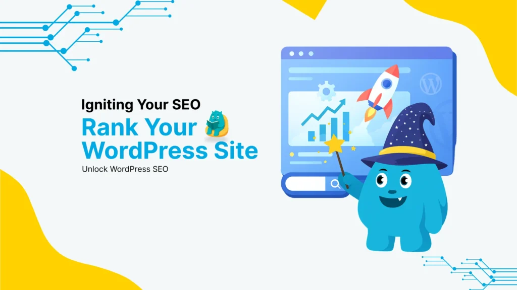 WordPress SEO optimization illustration showing website ranking growth with analytics chart and rocket launch