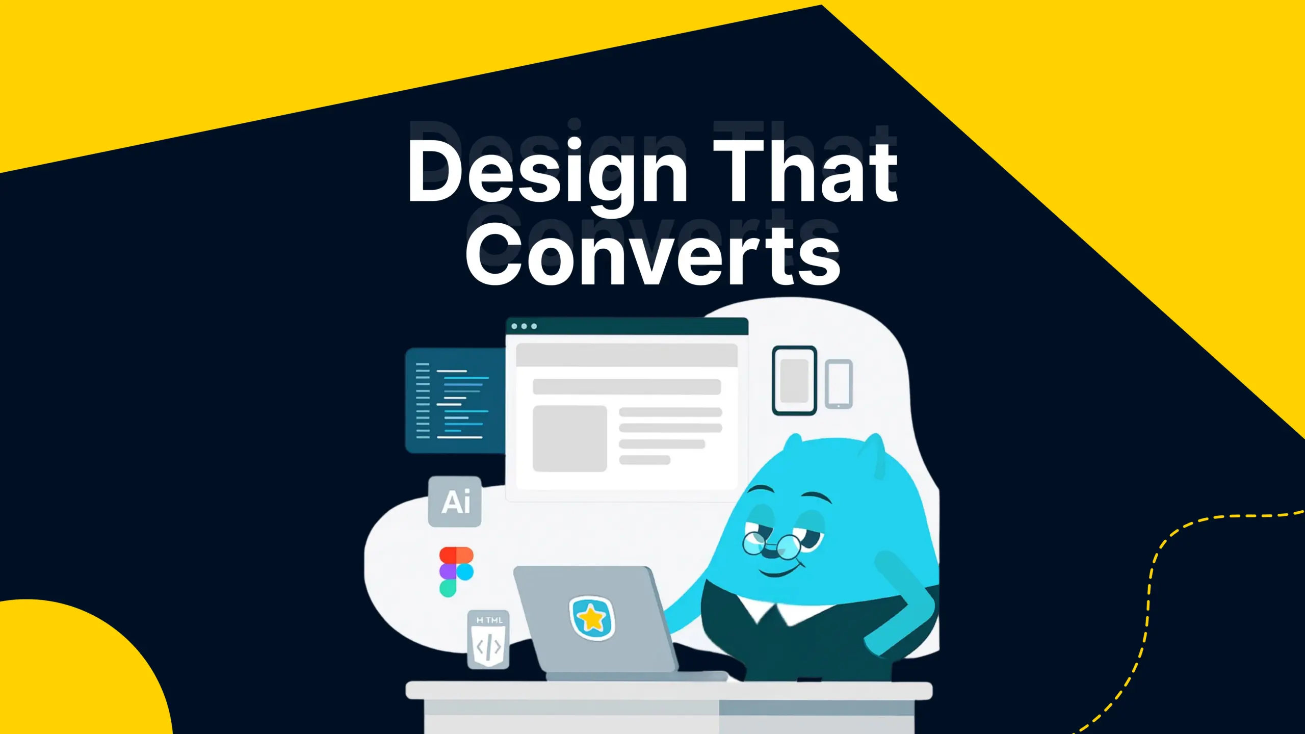 Web design illustration showing developer creating user interface with laptop and design tools for conversion focused website