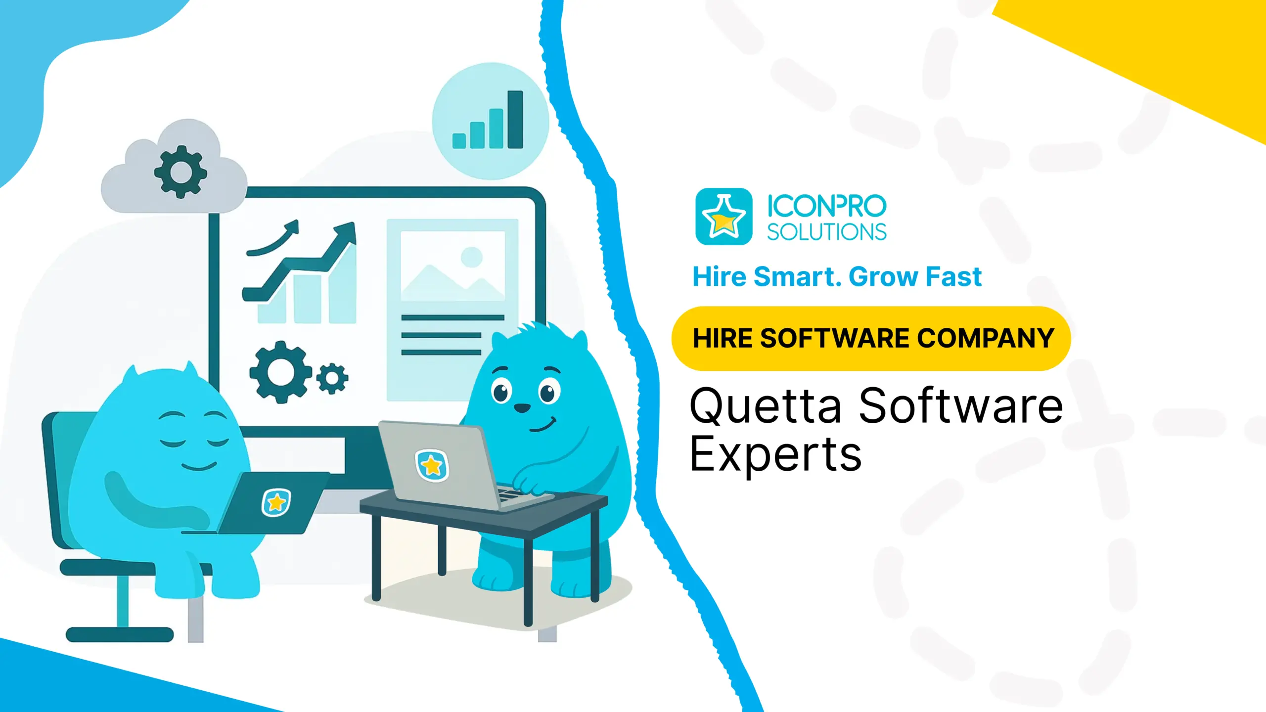 Software company in Quetta illustration showing developers working on laptops with analytics dashboard and business growth elements