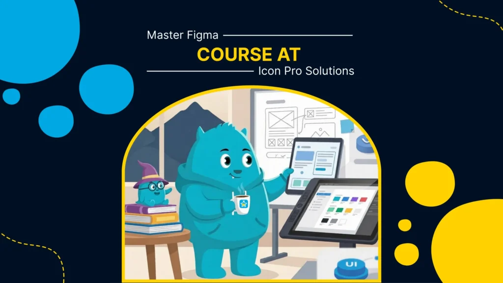 Blue mascot designing UI for Icon Pro Solutions Figma course