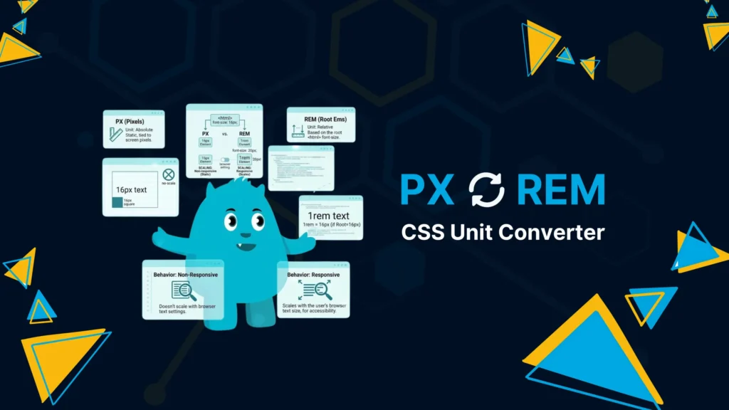 Infographic showing how absolute PX units remain static, while relative REM units scale with browser settings for responsiveness.