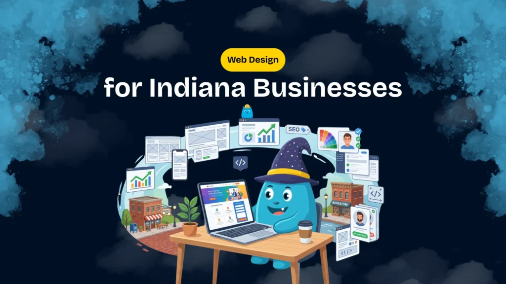 Bloop wearing a wizard hat at a desk with a laptop, surrounded by web design and SEO icons for Indiana businesses.