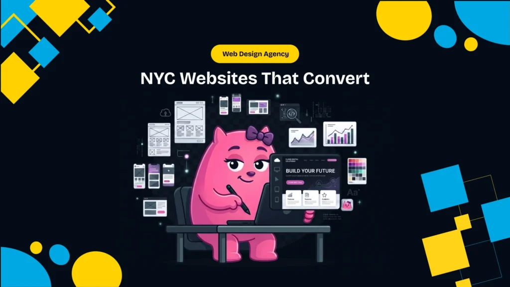 Pink mascot designing websites on a laptop surrounded by wireframes, charts, and UI elements for an NYC agency banner.