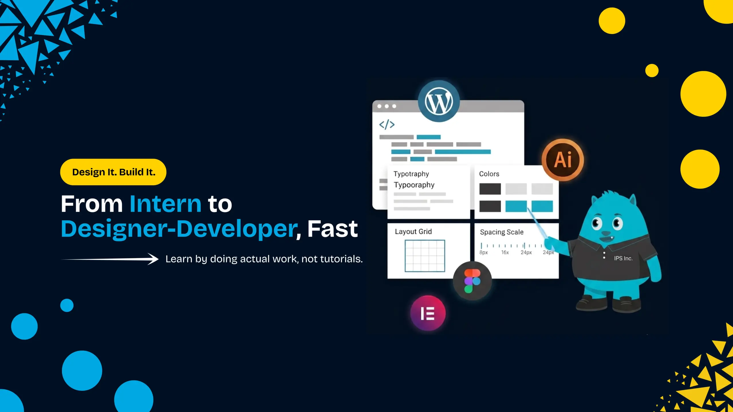 Icon Pro Solutions mascot pointing to a WordPress design panel with Figma, Elementor, and Adobe AI icons for a design and development internship