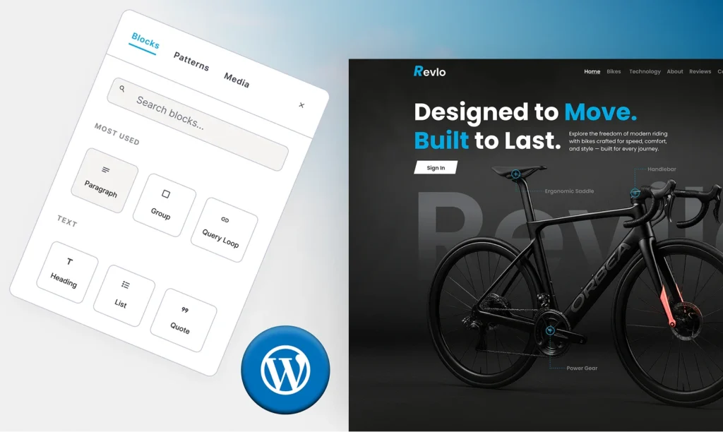 WordPress block editor panel beside the Revlo bike website headed Designed to Move. Built to Last.