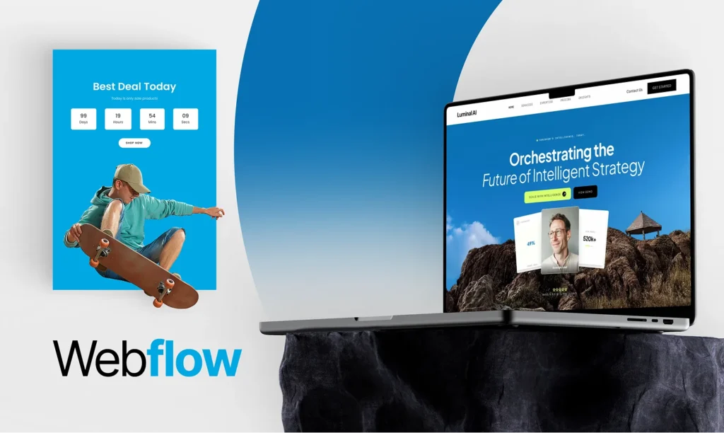 Webflow wordmark with a laptop site headed Orchestrating the Future of Intelligent Strategy and a skateboarder card