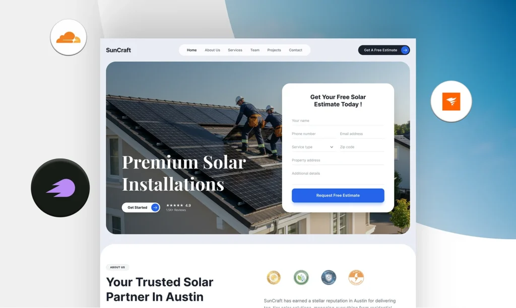 SunCraft solar website headed Premium Solar Installations with a free estimate form, beside a Cloudflare logo