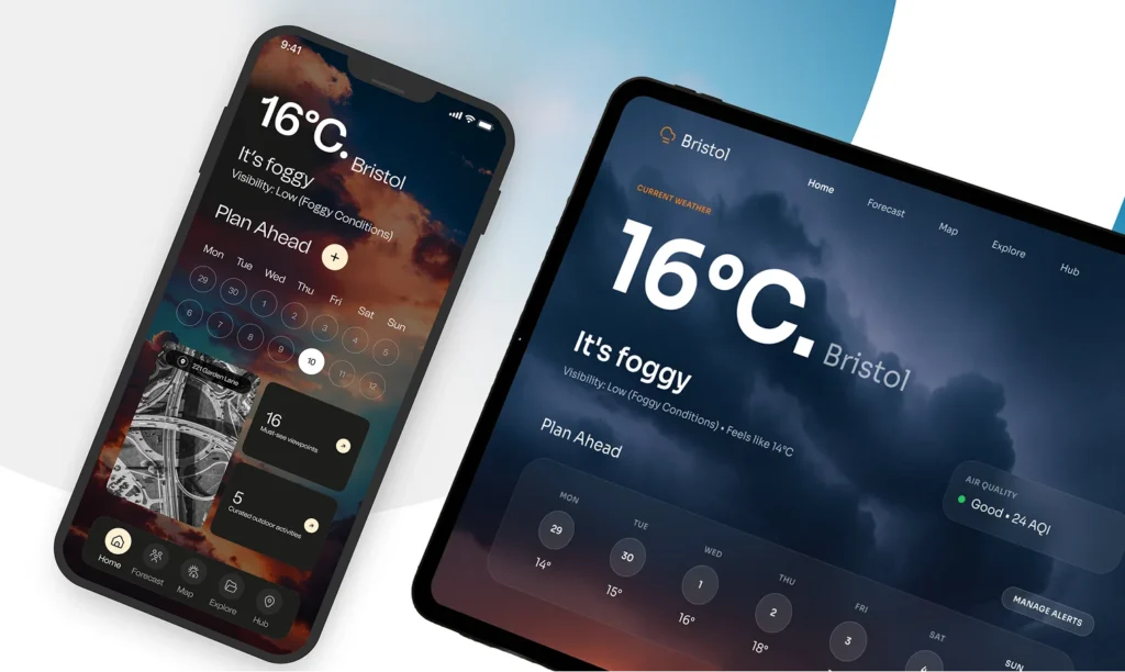 Phone and tablet showing a weather app reading 16 degrees, It's foggy, Bristol