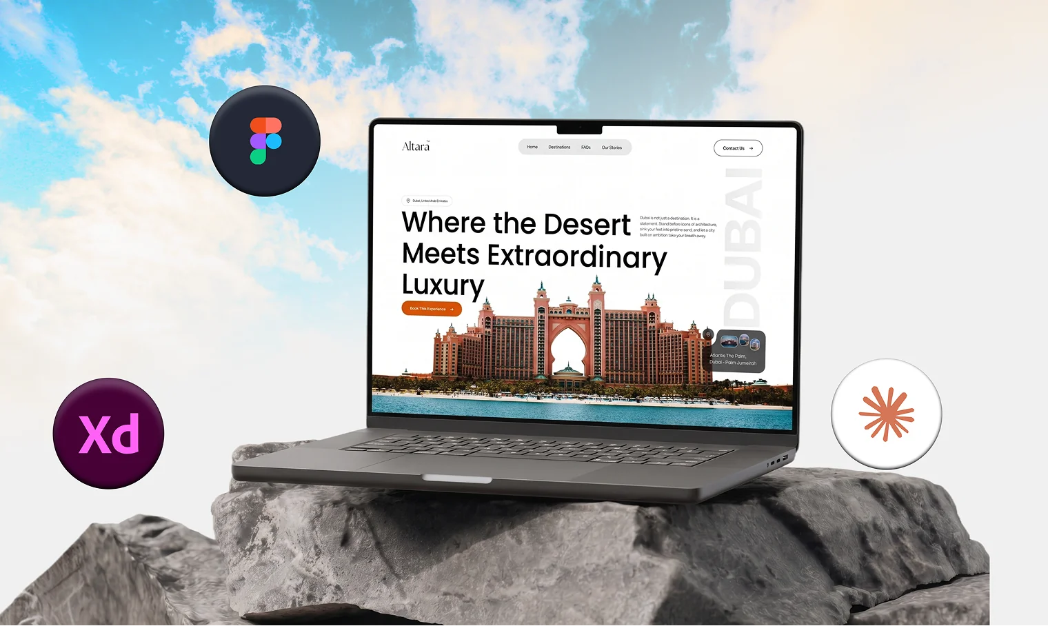 A laptop on a rock showing a luxury travel site headed Where the Desert Meets Extraordinary Luxury, with Figma and Xd icons