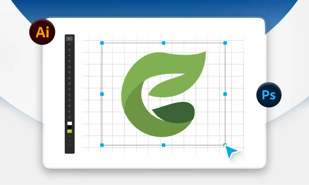 A green leaf logo being drawn on a grid in Illustrator, with Illustrator and Photoshop icons