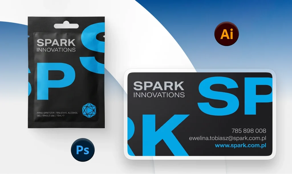 Spark Innovations business card and printed pouch, with Illustrator and Photoshop icons