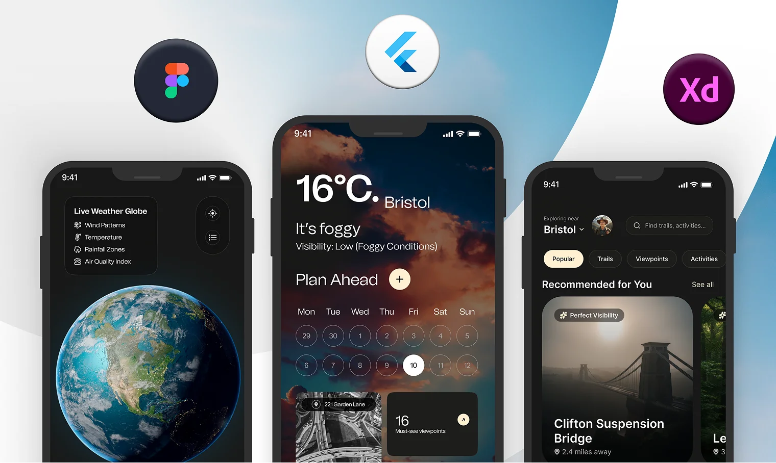 Three phone screens of a weather app showing Bristol at 16 degrees, with Figma, Flutter and Adobe Xd icons