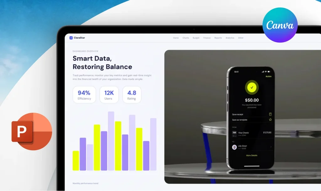 A slide headed Smart Data, Restoring Balance with a bar chart, shown with Canva and PowerPoint icons