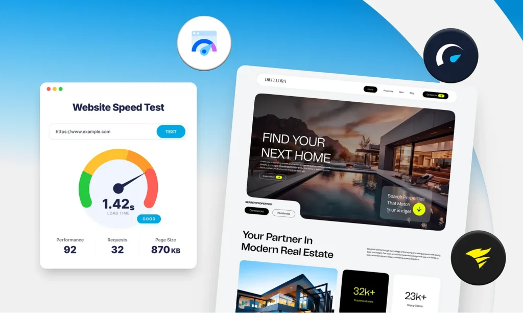 Website Speed Test reading 1.42 seconds, performance 92, 32 requests and 870 KB, beside a real estate site