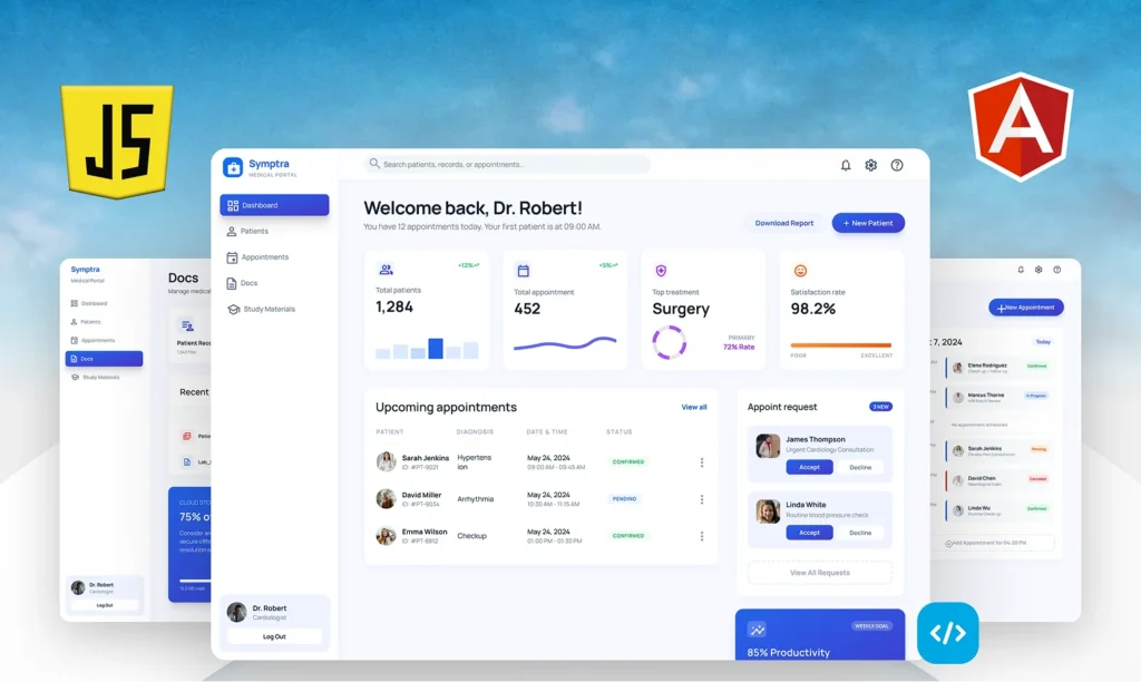 Symptra medical portal dashboard with patient totals and upcoming appointments, with JavaScript and Angular logos