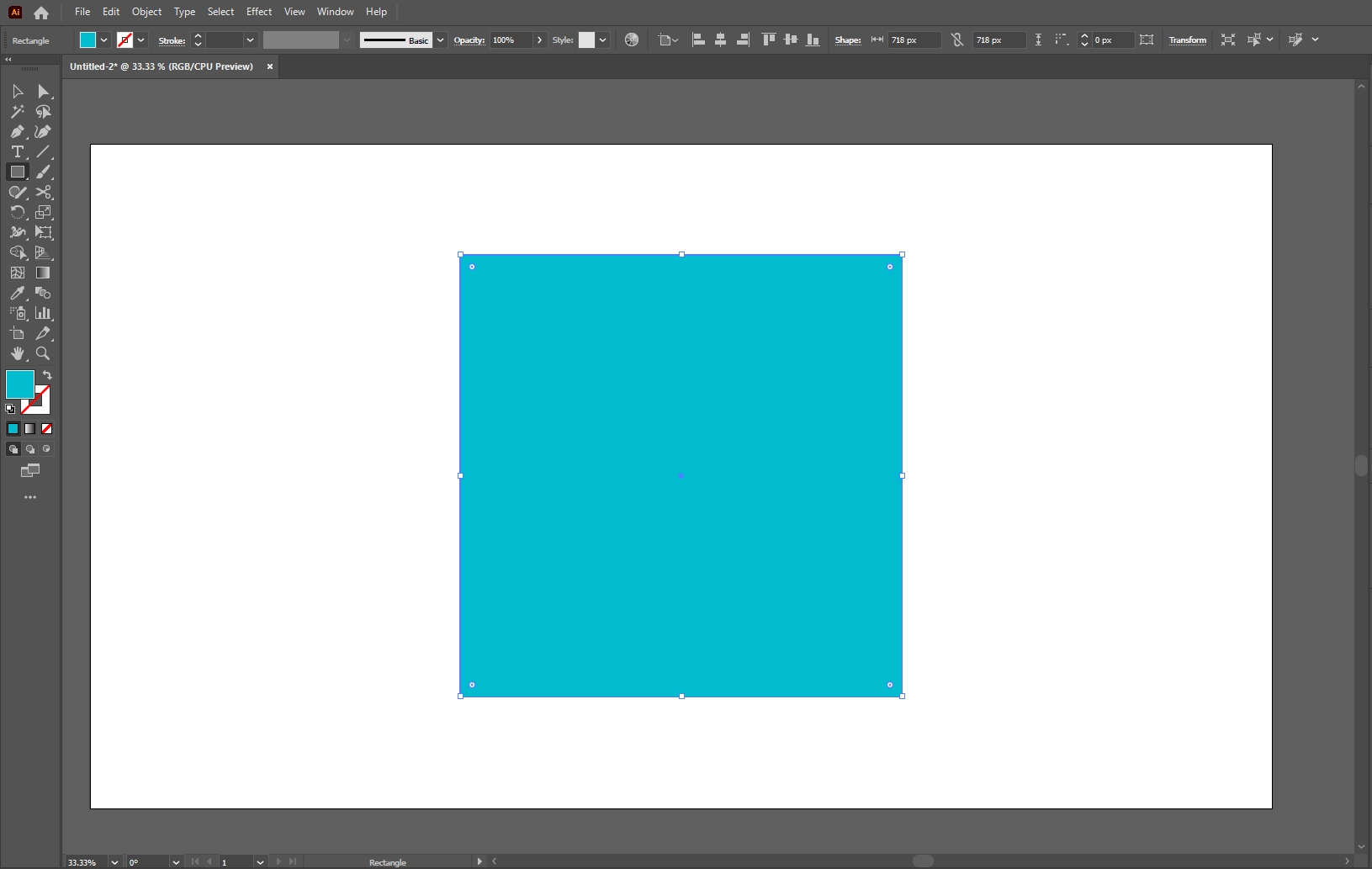 Adobe Illustrator artboard with a blue square drawn in the centre