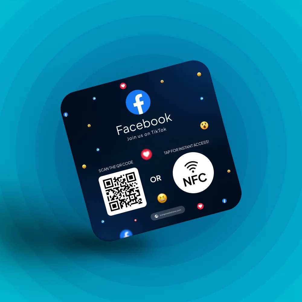 Facebook NFC card with a QR code and an NFC badge, labelled Join us on TikTok