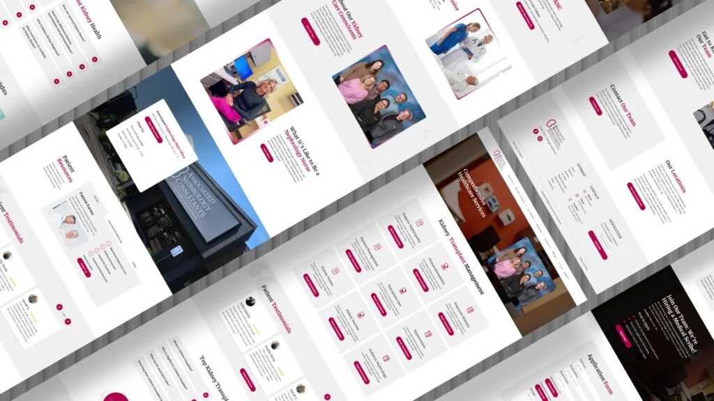 ANC kidney care website pages with team photos, transplant services and patient testimonials