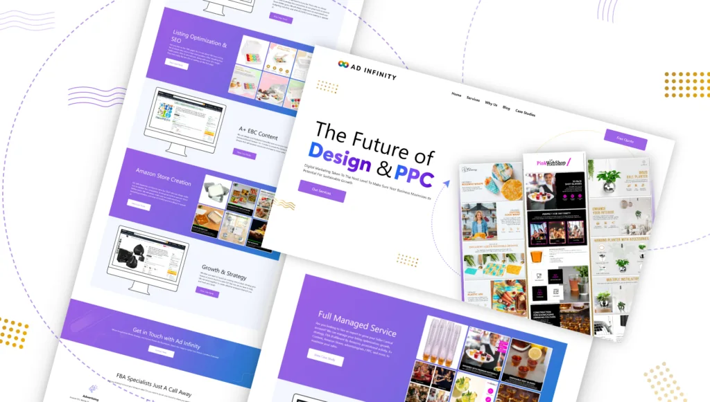 AD INFINITY website pages: The Future of Design & PPC, with Amazon store and product listing examples