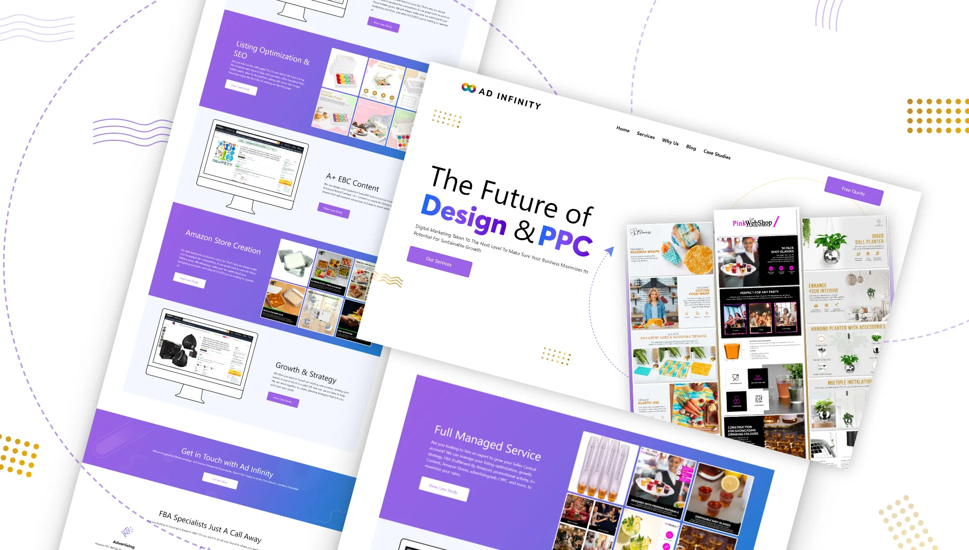 AD INFINITY website pages: The Future of Design & PPC, with Amazon store and product listing examples