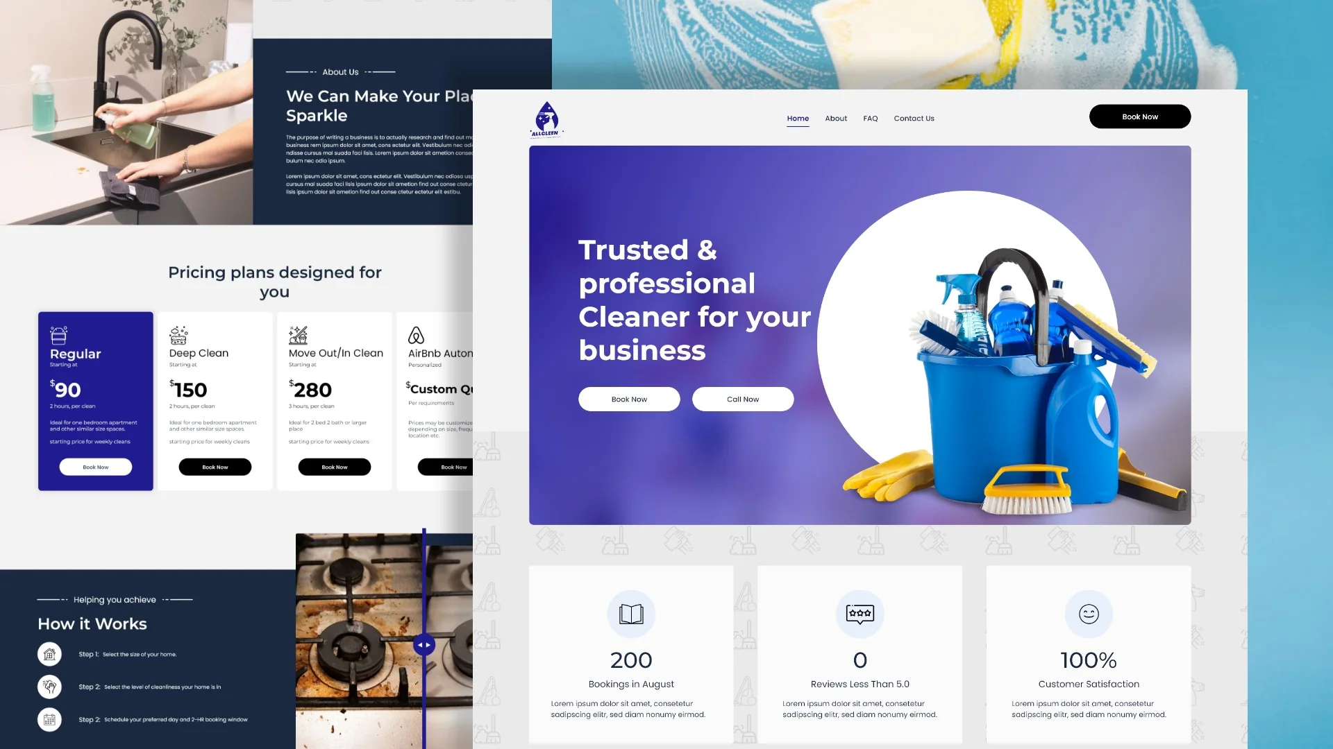 AllCleen cleaning website pages: Trusted & professional cleaner for your business, with cleaning supplies and pricing plans
