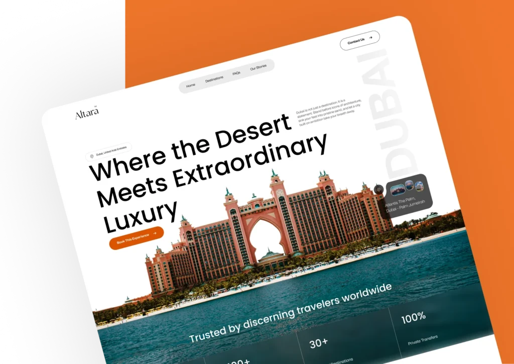 Altara travel website for Dubai, shown on a tilted screen